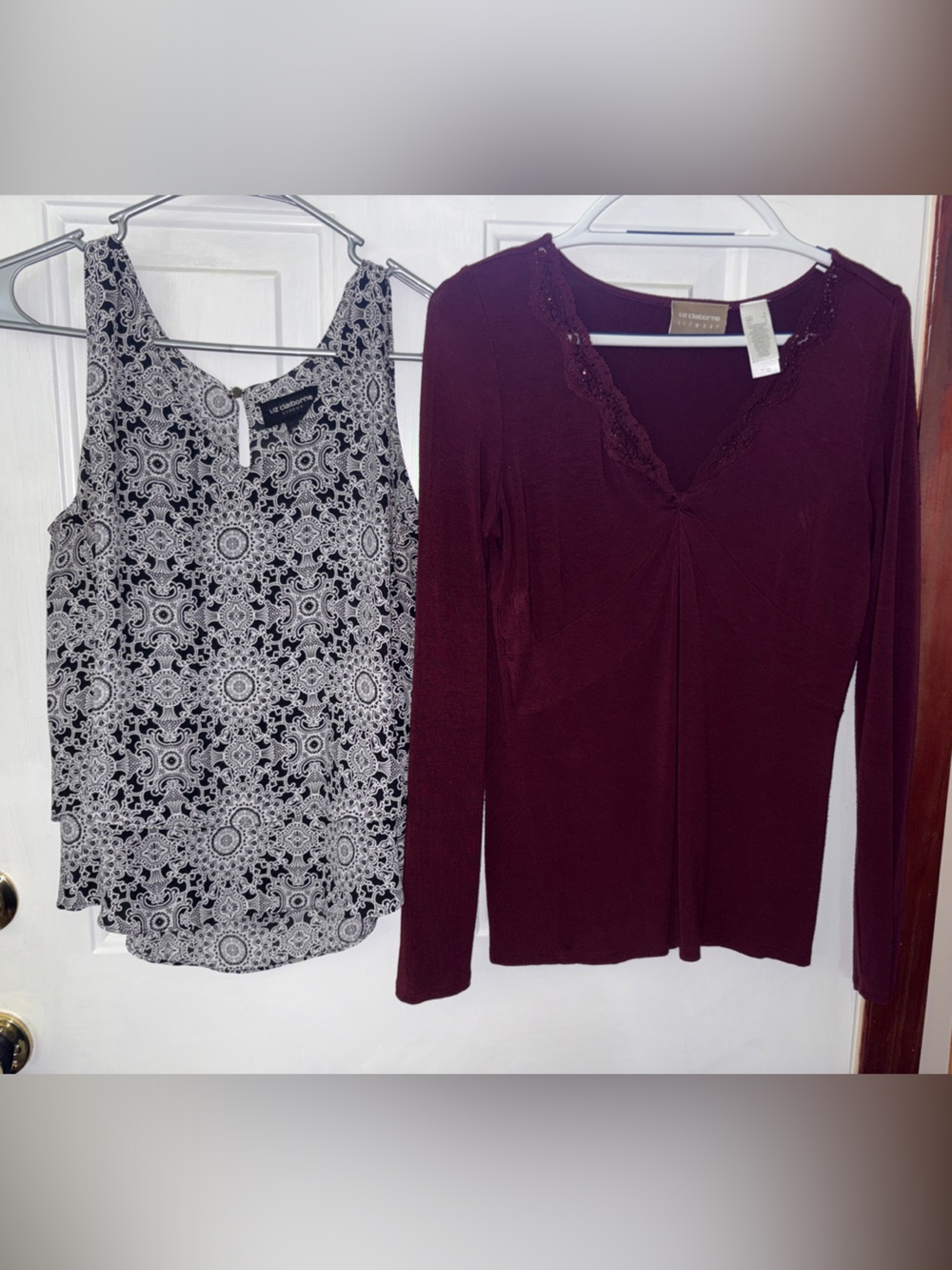 Liz Claiborne Burgundy Long-Sleeve V-Neck Top and sleeveless paisley Vneck silky